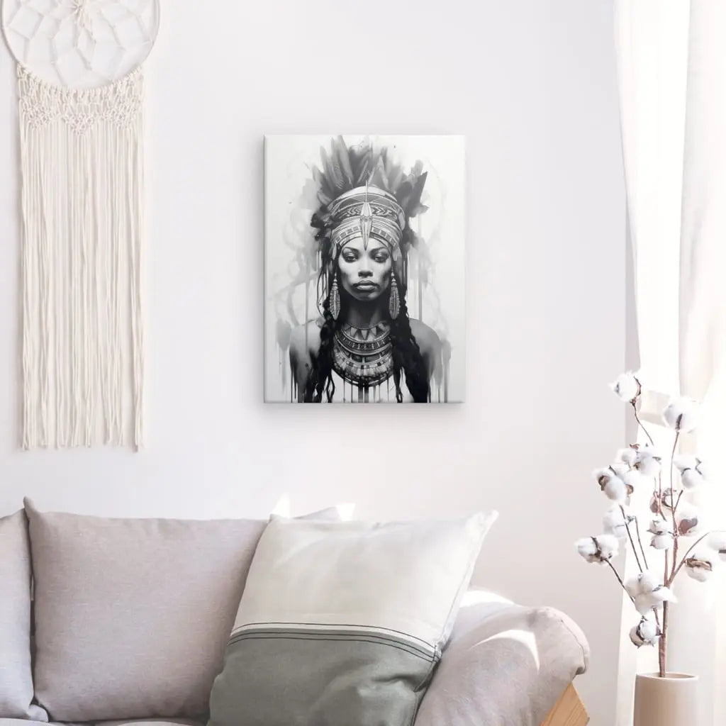 Tableau Portrait Ethnique Femme Coiffe Indienne Design Noir et Blanc - #tag1# - #tag2# 