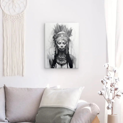 Tableau Portrait Ethnique Femme Coiffe Indienne Design Noir et Blanc - #tag1# - #tag2# 