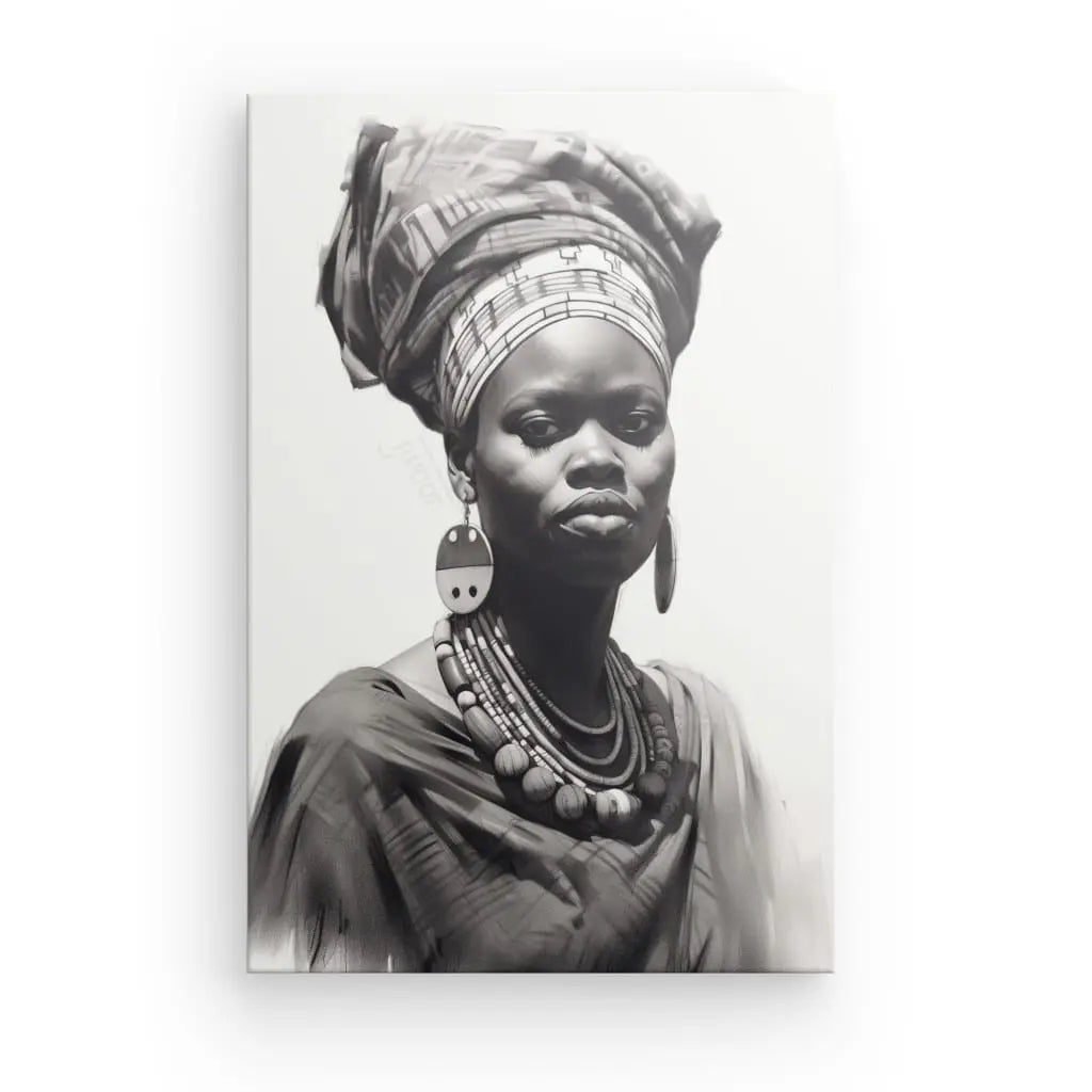 Un portrait en noir et blanc montre une personne portant un bandeau traditionnel, de grandes boucles d'oreilles et des colliers superposés. L'expression est sérieuse, mettant en valeur le Tableau Femme Portrait Ethnique Afrique Noir et Blanc sur le fond uni.