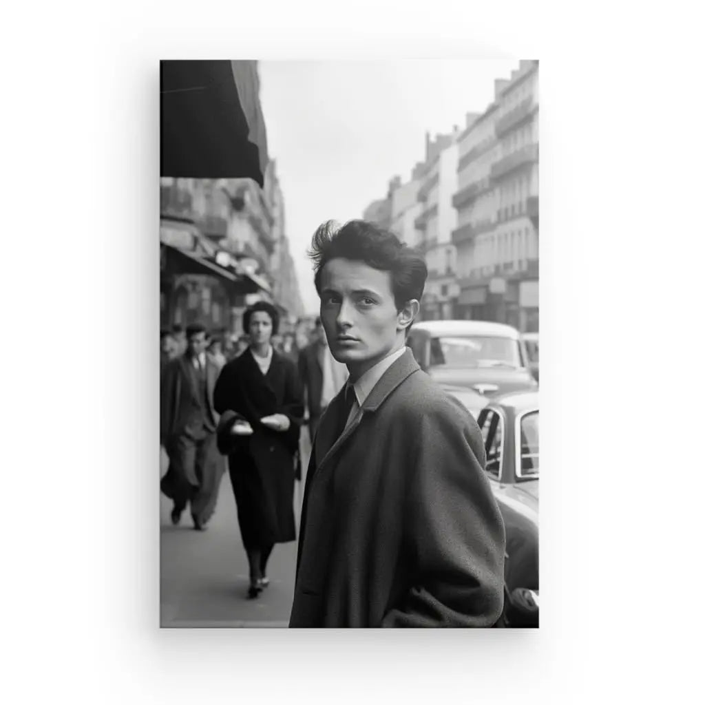 Un jeune homme en manteau se tient sur un trottoir très fréquenté de la ville de New York avec des gens et des voitures en arrière-plan. La scène, qui rappelle les années 1950, est capturée dans Tableau Portrait Homme Années 1950 Rue New York Noir et Blanc.