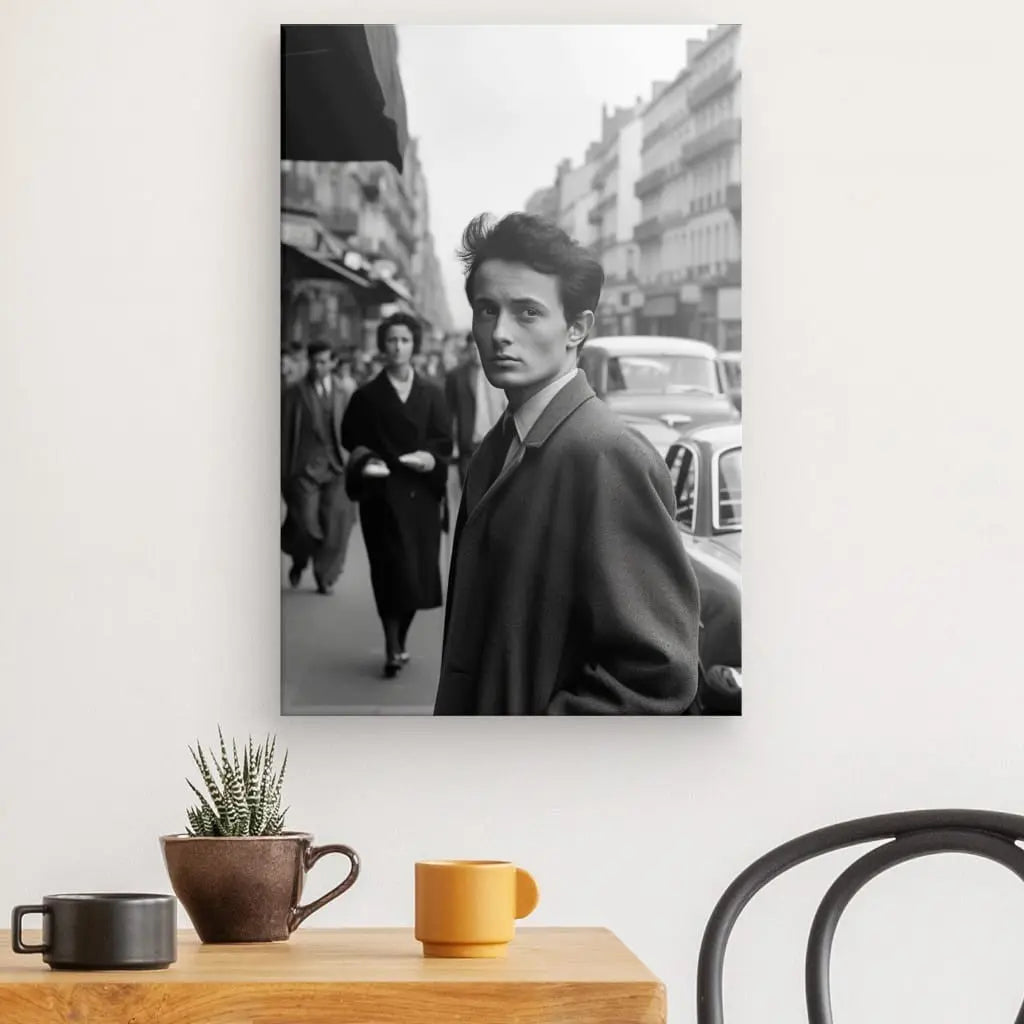 Une photo en noir et blanc d'un homme marchant dans une rue de la ville de New York dans les années 1950 est encadrée sur un mur au-dessus d'une table en bois avec une petite plante, une tasse marron et une tasse jaune. Une chaise est partiellement visible à droite, complétant le nostalgique Tableau Portrait Homme Années 1950 Rue New York Noir et Blanc.