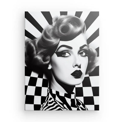 Tableau Portrait Femme Vintage Damier Pop Art Style Noir et Blanc