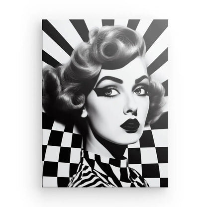 Tableau Portrait Femme Vintage Damier Pop Art Style Noir et Blanc - #tag1# - #tag2# 