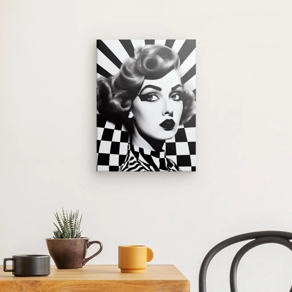 Tableau Portrait Femme Vintage Damier Pop Art Style Noir et Blanc