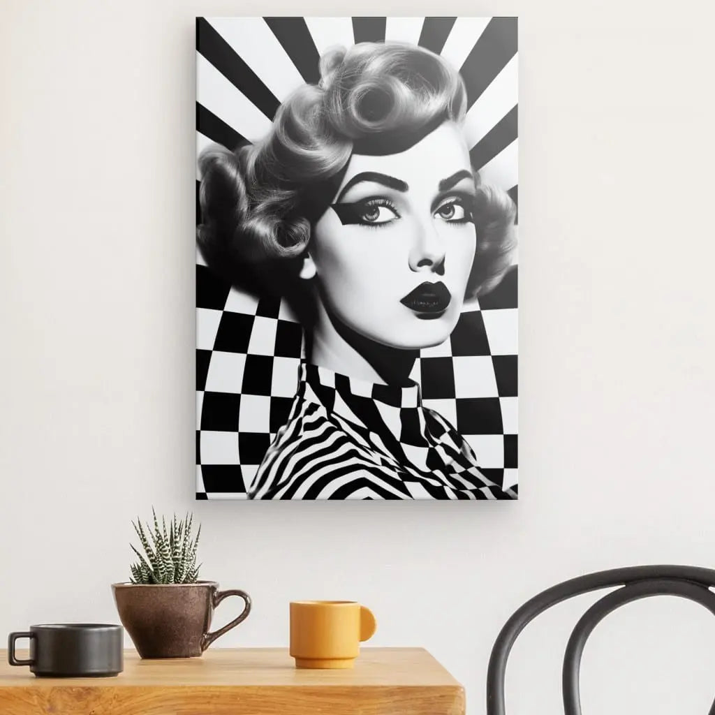 Portrait noir et blanc d'une femme avec une coiffure vintage sur fond à carreaux, monté au-dessus d'une table en bois avec deux tasses et une petite plante en pot. Le Tableau Portrait Femme Vintage Damier Pop Art Style Noir et Blanc dégage un air d'élégance intemporelle.