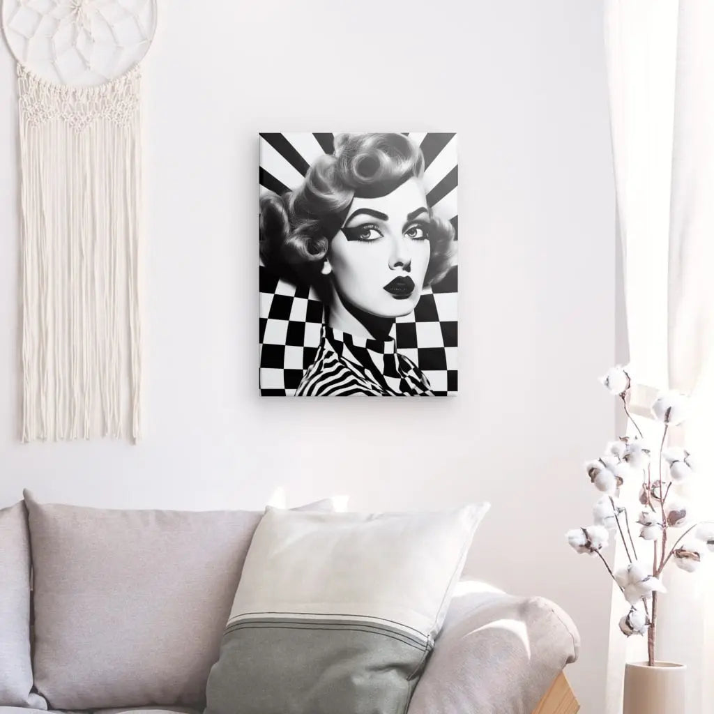 Tableau Portrait Femme Vintage Damier Pop Art Style Noir et Blanc