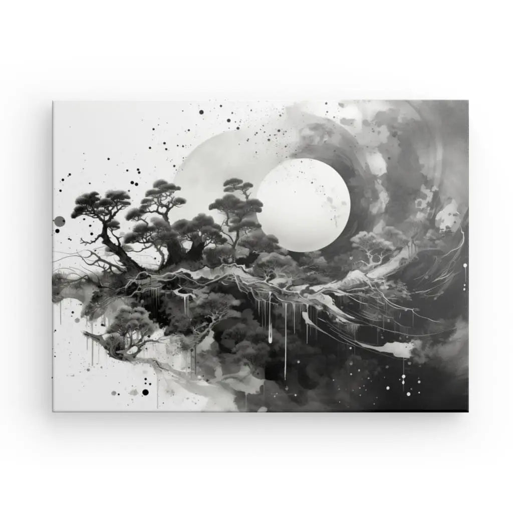 Tableau Monochromatique Paysage Onirique Peinture Abstraite Moderne Noir et Blanc représentant un paysage surréaliste avec des arbres abstraits et une grande lune rougeoyante. Les éléments de peinture éclaboussés et dégoulinants ajoutent une touche expressive, incarnant l’essence de l’art contemporain.