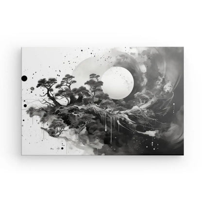 Cette peinture abstraite en noir et blanc, bel exemple d'art contemporain, représente un paysage surréaliste avec des arbres, des nuages tourbillonnants et une grande forme circulaire ressemblant à une lune. Le Tableau Paysage Onirique Peinture Abstraite Moderne Noir et Blanc présente un mélange de lignes fluides et nettes.