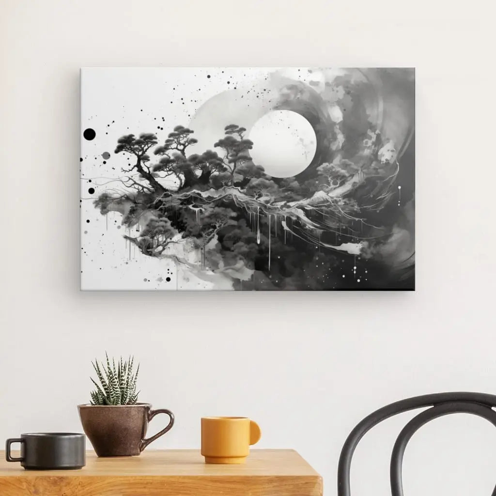 Une pièce minimaliste présente un Tableau Paysage Onirique Peinture Abstraite Moderne Noir et Blanc représentant un paysage avec des arbres et une grande lune sur le mur. En dessous, une table en bois accueille deux mugs et une petite succulente en pot, créant une ambiance qui marie parfaitement art contemporain et élégance subtile.