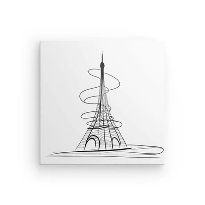 Illustration au trait de la Tour Eiffel enveloppée de lignes en spirale sur un fond blanc, créant un Tableau Tour Eiffel Abstrait Dessin Traits Moderne Noir et Blanc.