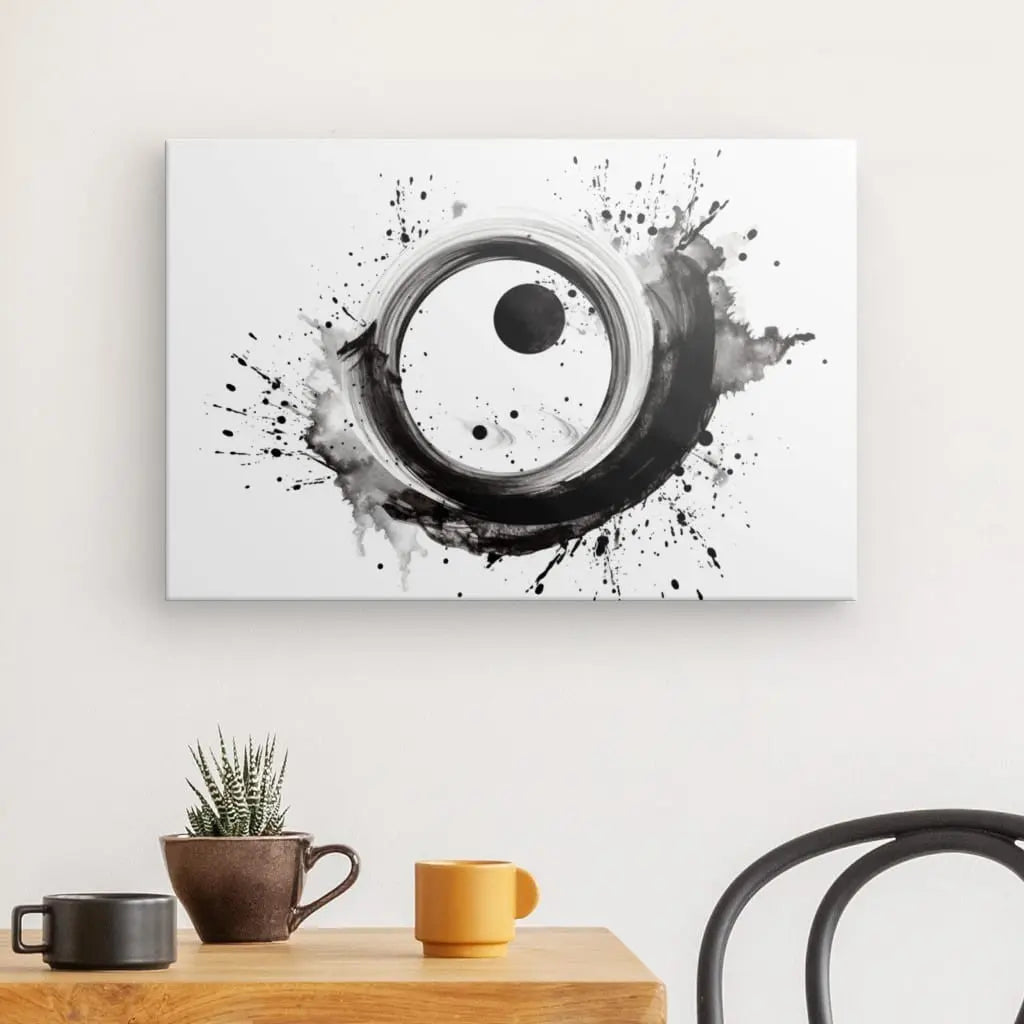 Tableau Moderne Noir et Blanc Cercles Eclaboussures Peinture Monochrome