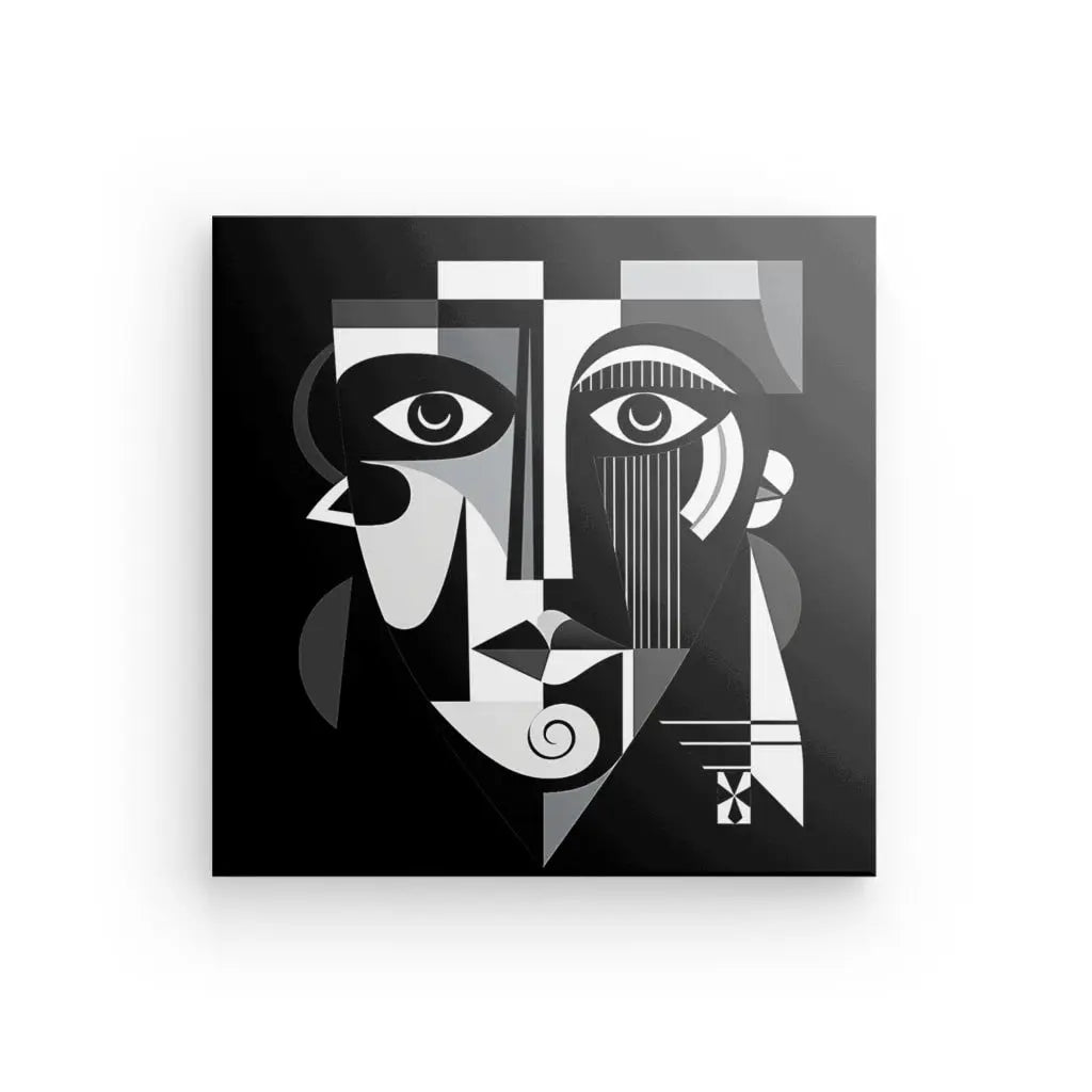 Peinture cubiste abstraite en noir et blanc d'un visage, présentant des formes géométriques et des motifs de lignes variés, ce superbe **Tableau Portrait Cubisme Noir Art Abstrait Noir et Blanc** illustre la beauté de *l'art abstrait*.
