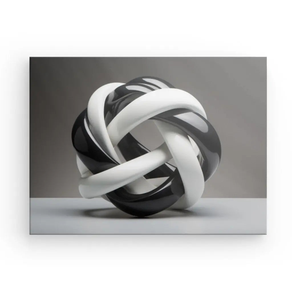 Une sculpture abstraite en noir et blanc aux boucles entrelacées, rappelant un Tableau Géométrique Moderne Lacets Noirs et Blancs, affichée sur un fond gris neutre.