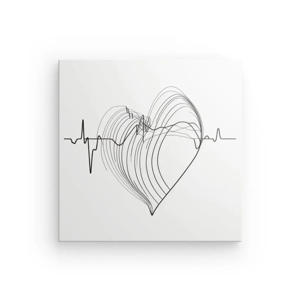 Un Tableau Coeur Abstrait Noir et Blanc Design Minimaliste présente un dessin au trait minimaliste d'une forme de cœur entrelacée avec une ligne d'électrocardiogramme (ECG) sur un fond blanc, parfait pour votre décoration minimaliste.