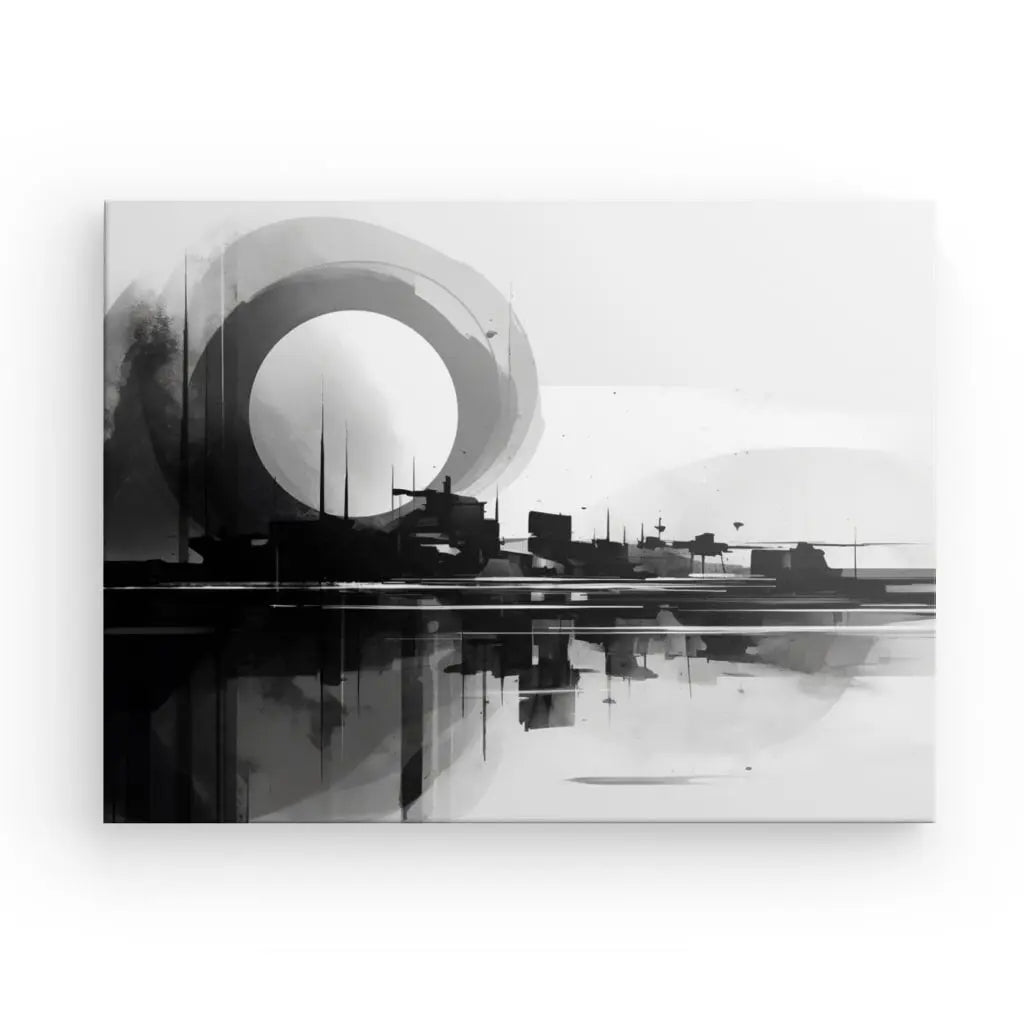 Oeuvre abstraite en noir et blanc représentant un paysage urbain industriel avec une grande forme circulaire en arrière-plan et un reflet sur l'eau en contrebas. Ce Tableau Paysage Moderne Géométrique Noir et Blanc Contemporain constitue une pièce maîtresse saisissante pour tout décor contemporain, mélangeant harmonieusement des éléments géométriques modernes.