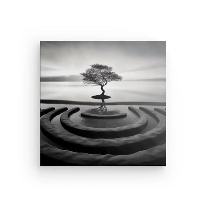 Un arbre solitaire se dresse sur une petite île entourée de marches circulaires concentriques, avec une eau calme et un ciel nuageux en arrière-plan. L'image est en noir et blanc, invoquant un Paysage Zen qui capture la véritable essence du Tableau Paysage Zen Arbre Calme Photo Noir et Blanc.