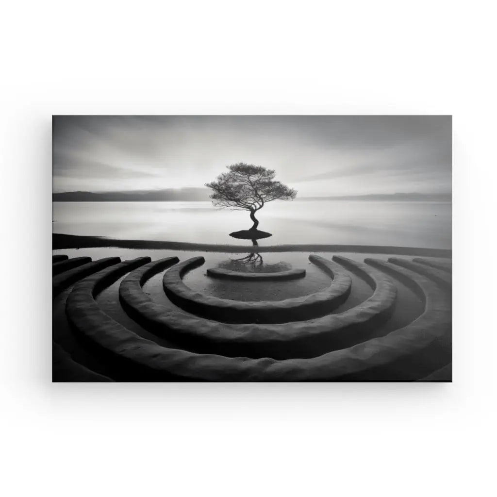 Photo noir et blanc noir et blanc d'un solitaire Tableau Paysage Zen Arbre Calme Photo Noir et Blanc sur une petite île, entourée d'un motif circulaire concentrique dans l'eau. Le paysage zen présente une mer calme et un horizon en arrière-plan.