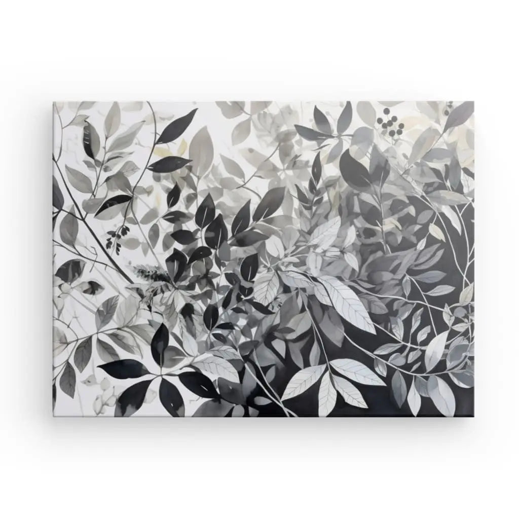 Une peinture Tableau Plantes Feuilles Végétaux Nature Noir et Blanc de feuilles et de branches qui se chevauchent crée un motif dense et complexe sur un fond blanc, parfait pour ajouter une touche d'art végétal à votre décoration intérieure.