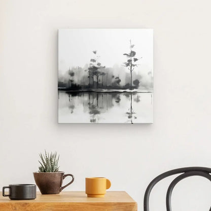 Une œuvre d'art mural représentant un paysage abstrait en noir et blanc avec des arbres, ressemblant à un Tableau Nature et Lac Peinture Aquarelle Noir et Blanc, est accrochée au-dessus d'une table en bois avec une plante en pot et deux tasses. Une partie d'une chaise noire est visible.