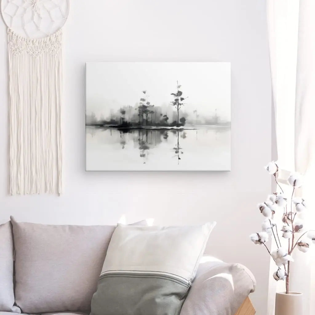 Tableau Nature et Lac Peinture Aquarelle Noir et Blanc - #tag1# - #tag2# 