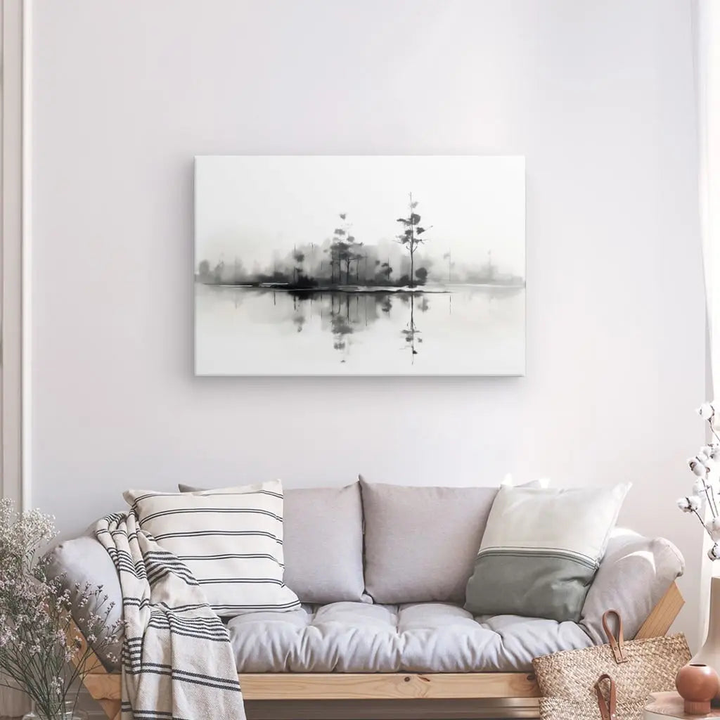 Tableau Nature et Lac Peinture Aquarelle Noir et Blanc - #tag1# - #tag2# 