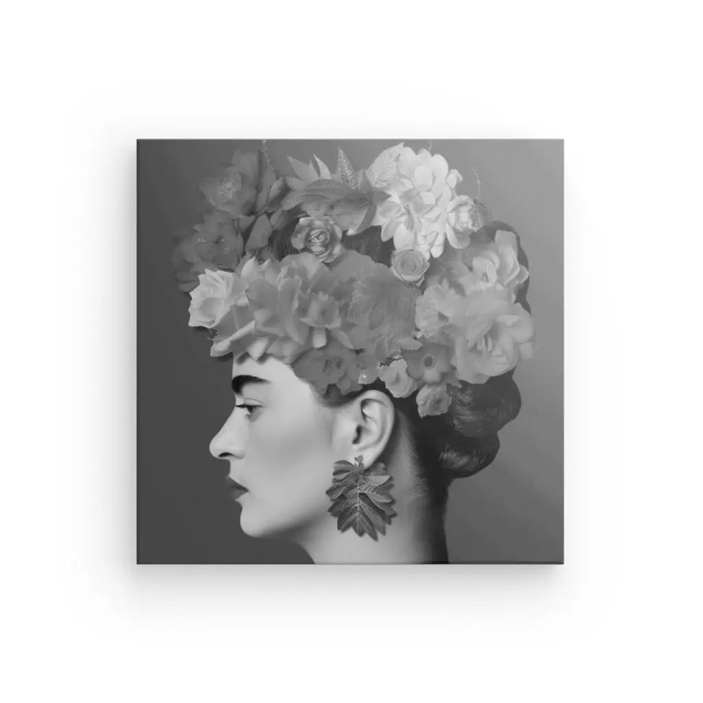 Tableau Profil Frida Fleurs Cheveux Rose Pivoine Portrait Noir et Blanc