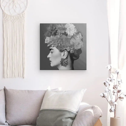 Tableau Profil Frida Fleurs Cheveux Rose Pivoine Portrait Noir et Blanc - #tag1# - #tag2# 