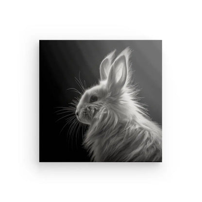 Image en noir et blanc d’un lapin pelucheux de profil, face à gauche, sur un fond sombre. Cette Toile Photographie Artistique présente un style Tableau Lapin Lion Angora Portrait Animal Poilu Mignon Noir et Blanc, capturant la beauté éthérée de l'animal dans un saisissant Portrait Animal Noir et Blanc.