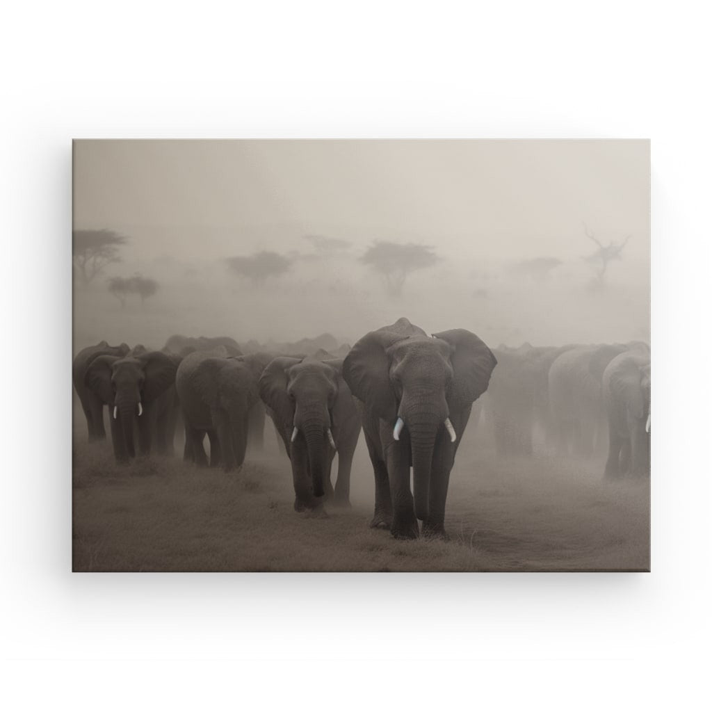 Un troupeau d'éléphants de la savane se promène dans un paysage brumeux avec des acacias en arrière-plan, créant un exquis Tableau Troupeau Famille Elephants Savane Noir et Blanc.