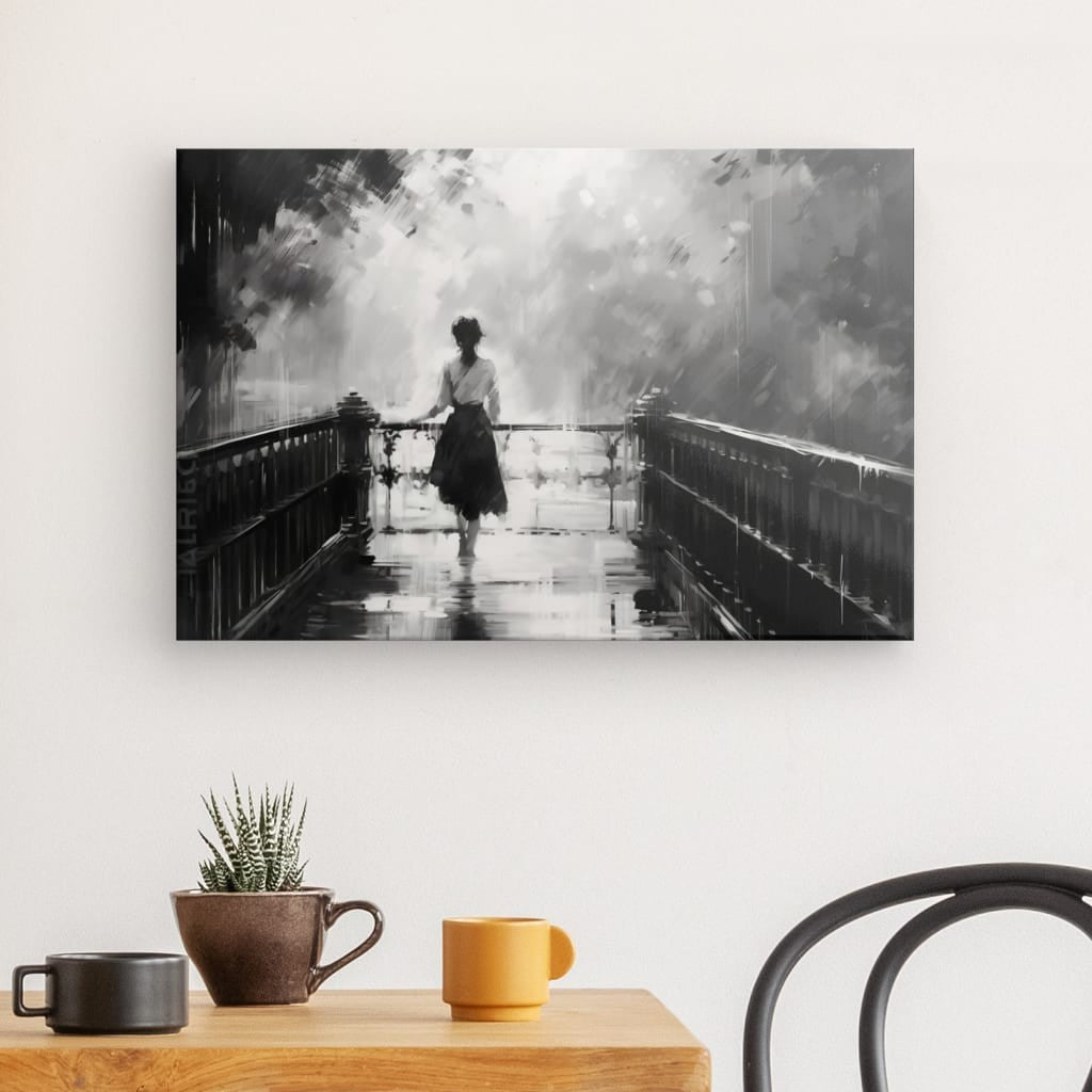 Tableau Peinture Femme Marche dans un Parc Gouache Noir et Blanc - #tag1# - #tag2# 