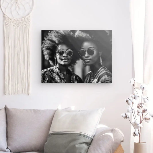 Portrait Femmes Afro 80's Lunettes de Soleil Cool Design Noir et Blanc