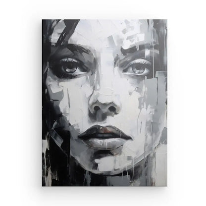 Une peinture en noir et blanc d'un visage de femme, imprimée sur toile à l'aide d'encres latex HP.