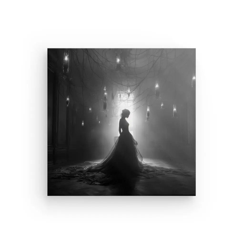 Une silhouette vêtue d'une longue robe fluide se tient dans une pièce faiblement éclairée avec des lumières suspendues et une ambiance brumeuse, ressemblant à une œuvre artistique Tableau Danseuse Noir et Blanc Mariée Scène Romantique.