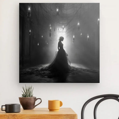 Un Tableau Danseuse Noir et Blanc Mariée Scène Romantique en noir et blanc accroché au mur présente une silhouette vêtue d'une robe volumineuse sur un fond dramatique de lumières suspendues. A proximité, une petite plante en pot, une tasse à café et un mug reposent sur la table, complétant l'ambiance artistique de cette œuvre artistique.