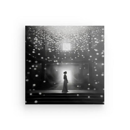 Une silhouette d'une danseuse debout sur un escalier dans une pièce faiblement éclairée avec de nombreux orbes de lumière blanche flottant, comme Tableau Danse Magique Femme Scène Lumineuse Flocons Noir et Blanc.