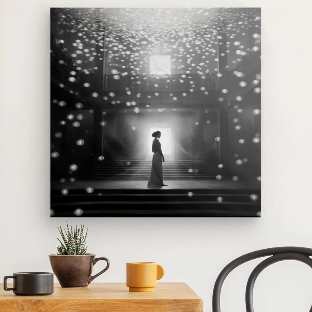 Un Tableau Danse Magique Femme Scène Lumineuse Flocons Noir et Blanc encadré est suspendu au-dessus d'une table en bois avec une plante en pot, une tasse marron et une tasse jaune.