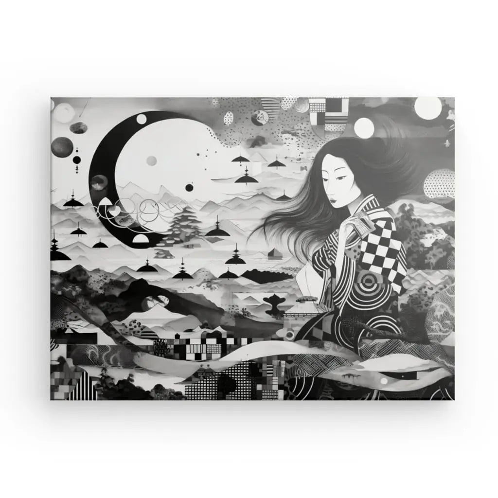 Oeuvre en noir et blanc représentant une femme sereine vêtue de vêtements traditionnels au milieu d'un paysage surréaliste avec des structures flottantes et des motifs abstraits, mettant en valeur un grand croissant de lune. Le Tableau Art Japonais Toile Noir et Blanc capture magnifiquement une esthétique japonaise, mêlant tradition et fantaisie.