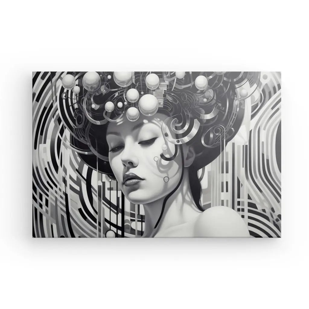 Oeuvre numérique monochrome représentant une femme aux yeux fermés, présentant une coiffe complexe et abstraite avec des sphères et des motifs géométriques en arrière-plan : un exquis Tableau Portrait Femme Japonaise Geisha Style Moderne Noir et Blanc capturant l'essence d'un portrait de femme japonaise.