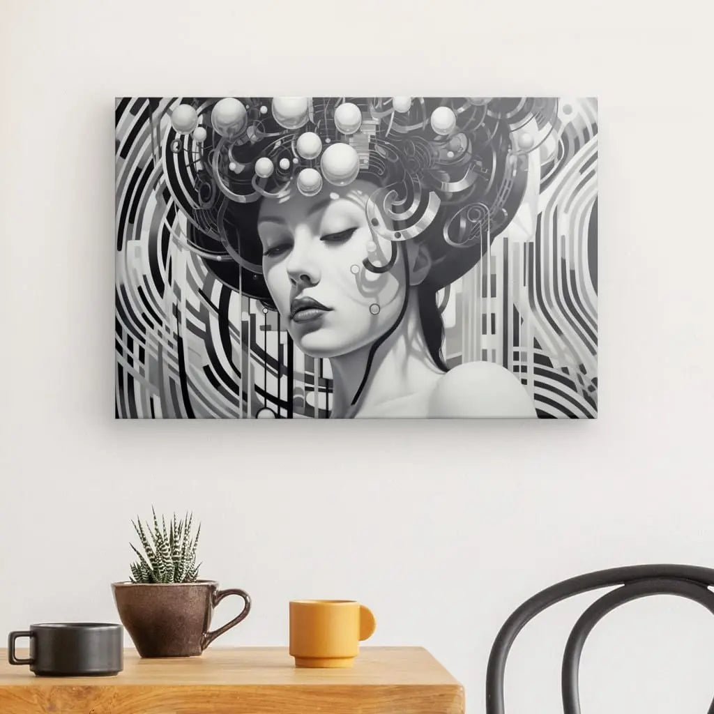 Une pièce minimaliste avec une table et une chaise en bois. La table comporte deux tasses et une petite plante. Un Tableau Portrait Femme Japonaise Geisha Style Moderne Noir et Blanc est accroché au mur derrière, ajoutant une touche artistique au décor.