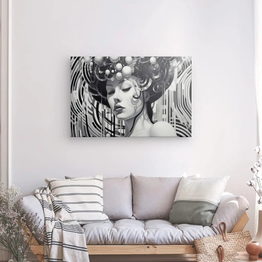 Un salon avec un canapé gris clair orné de coussins rayés et unis. Au-dessus du canapé, un **Tableau Portrait Femme Japonaise Geisha Style Moderne Noir et Blanc** est accroché au mur.
