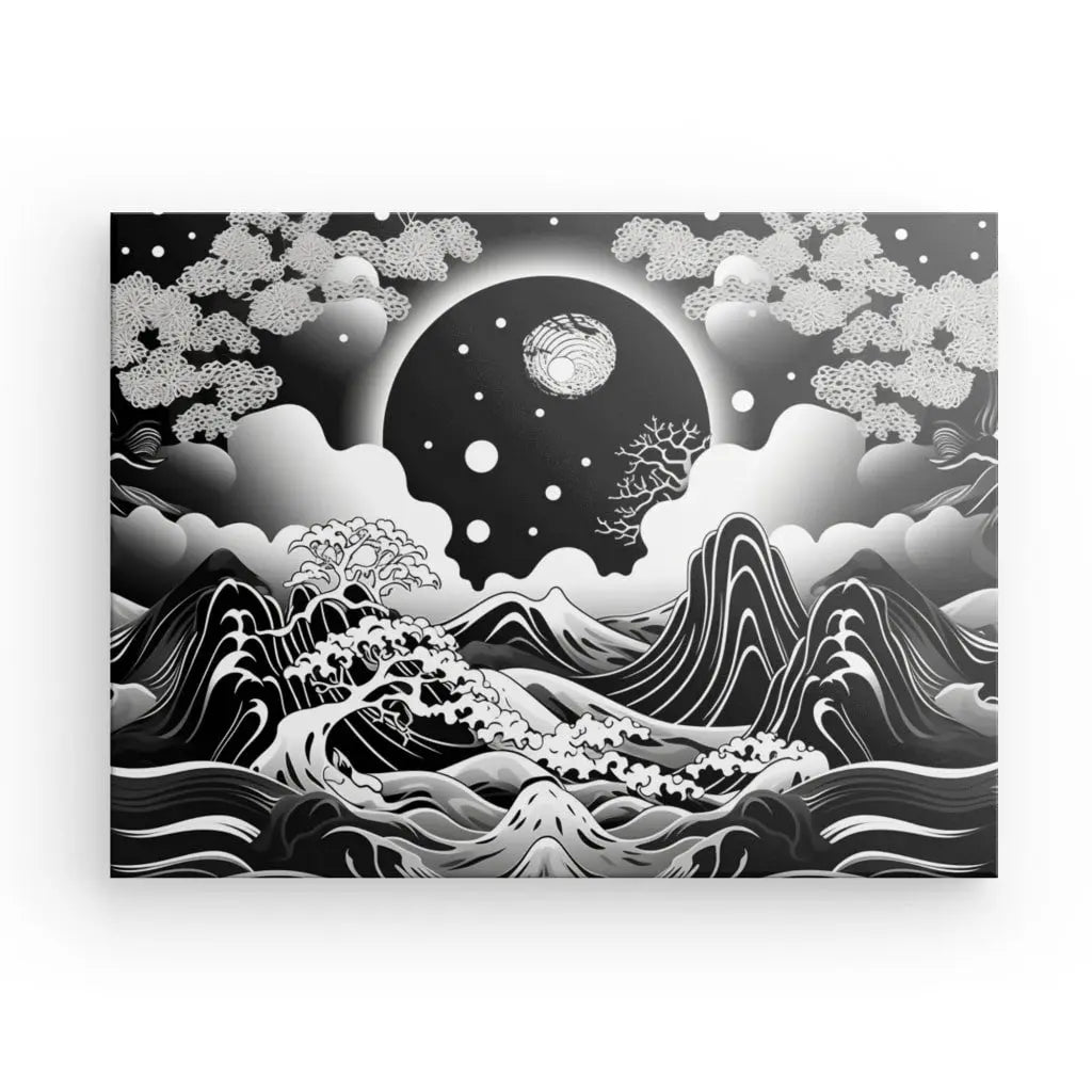 Un Tableau Paysage Dessin Noir et Blanc Style Asiatique Monochrome présentant une illustration en noir et blanc de vagues stylisées, de montagnes, de nuages et d'une pleine lune avec des motifs abstraits dans le ciel, parfait pour une décoration intérieure inspirée du dessin asiatique noir et blanc.