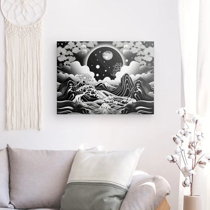 Une peinture de paysage en noir et blanc, rappelant un Tableau Paysage Dessin Noir et Blanc Style Asiatique Monochrome, orne le mur au-dessus d'un canapé gris clair avec un coussin blanc. À gauche est suspendue une pièce en macramé, tandis qu'à droite se trouve une branche avec des fleurs en coton blanc. Le tableau monochrome relie l'élégante décoration intérieure.