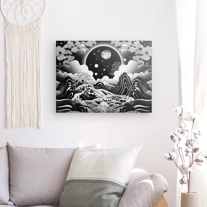 Tableau Paysage Dessin Noir et Blanc Style Asiatique Monochrome - #tag1# - #tag2# 