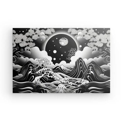 Tableau Paysage Dessin Noir et Blanc Style Asiatique Monochrome - #tag1# - #tag2# 