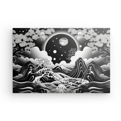 Une illustration en noir et blanc représentant un paysage surréaliste avec des montagnes, des vagues et des arbres sous un ciel étoilé avec des planètes. Ce Tableau Paysage Dessin Noir et Blanc Style Asiatique Monochrome ajoute une touche captivante à toute décoration intérieure.