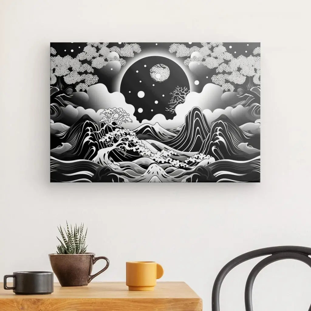 Art mural en noir et blanc représentant un paysage de montagne au clair de lune avec des arbres et des nuages tourbillonnants, rappelant un Tableau Paysage Dessin Noir et Blanc Style Asiatique Monochrome, positionné au-dessus d'une table en bois avec une petite plante et deux tasses.