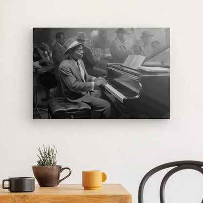 Photo en noir et blanc de musiciens de jazz en train de jouer. Le point central est un homme en costume et chapeau jouant du piano à queue. Ce Tableau Peinture Jazzman Musique Piano Noir et Blanc est exposé sur un mur blanc au-dessus d'une table avec des plantes en pot et des mugs, évoquant l'ambiance des clubs de jazz d'une autre époque.