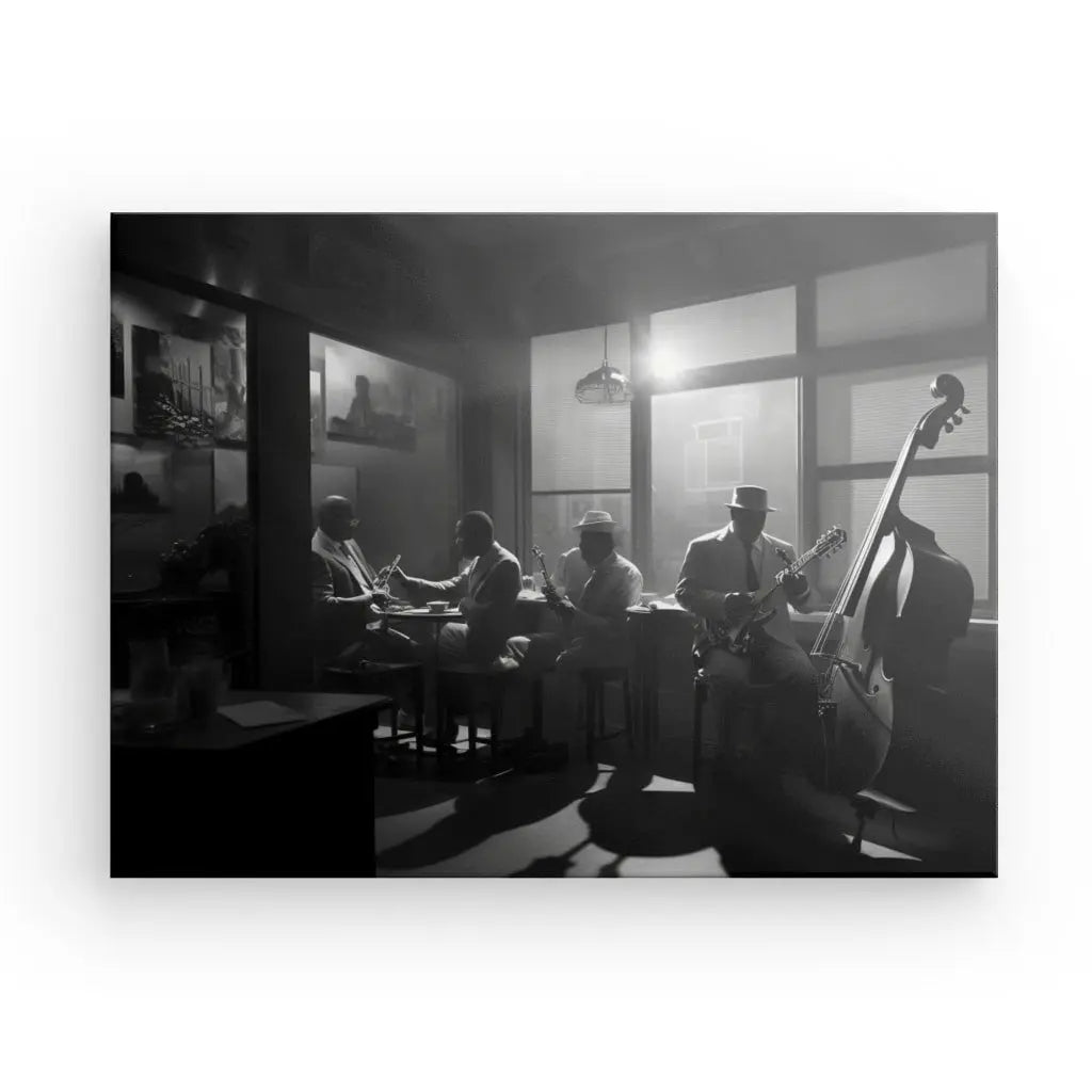 Image en noir et blanc d’un groupe de jazz se produisant dans une pièce faiblement éclairée. Quatre musiciens jouent de la trompette, du piano, de la guitare et de la contrebasse, assis sur fond de tableaux encadrés et d'une fenêtre, créant un Tableau Scène de Jazz Club Violoncelle Noir et Blanc rempli de contrastes artistiques.