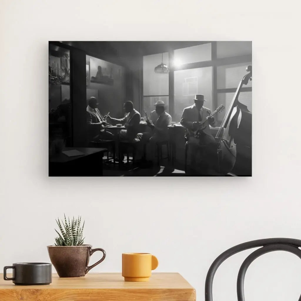 Un Tableau Scène de Jazz Club Violoncelle Noir et Blanc est accroché sur un mur blanc au-dessus d'une table en bois avec deux tasses et un cactus en pot. A proximité, une partie d'une chaise noire est visible, soulignant le contraste artistique de ce cadre tranquille.