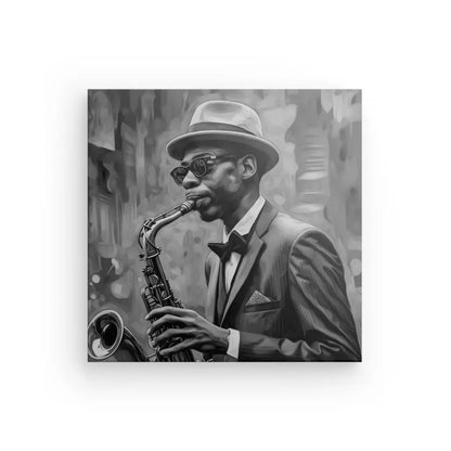 Image en noir et blanc d'un Saxophone Jazz Tableau Musicien Peinture Noir et Blanc en costume, chapeau et lunettes de soleil jouant du saxophone.